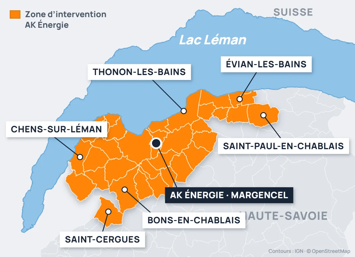 Carte des communes de la zone d’intervention d’AK Énergie en Haute-Savoie, au sud du lac Léman : Thonon Agglomération, de Chens-sur-Léman à Évian-les-Bains et Saint-Paul-en-Chablais, avec Bons-en-Chablais, Saint-Cergues et Margencel